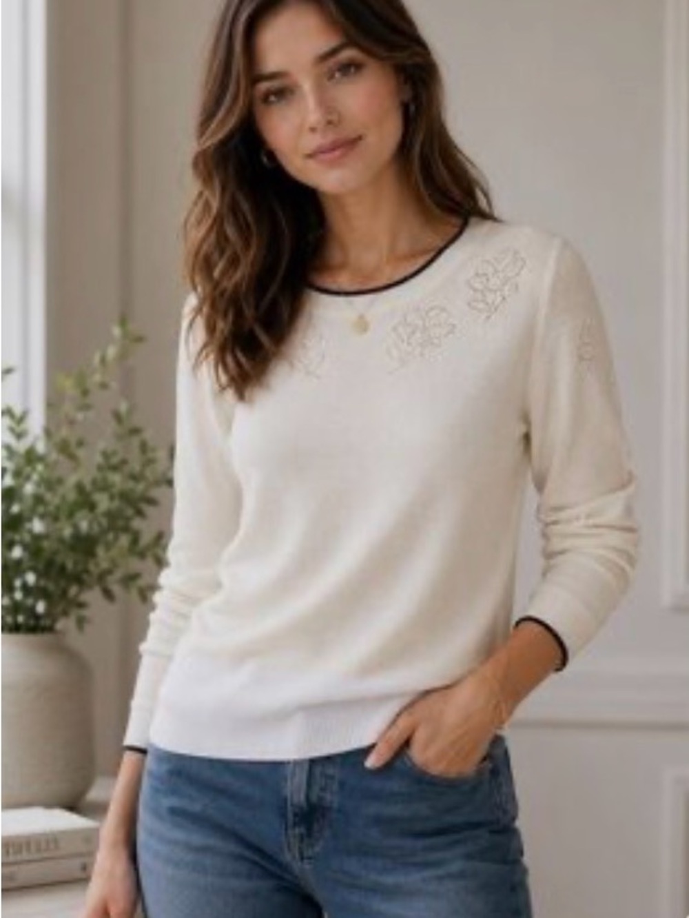 rag & bone Wool Blend Floral Cutout Sweater Ivory / Black Size L